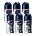 NIVEA Men Roll-On Deodorant Invisible Black & White Original, 72H Anti-Perspirant Protection, Fights Sweat & Body Odor, No White or Yellow Marks on Clothes, Long-Lasting Freshness, 25ml, Pack of 6