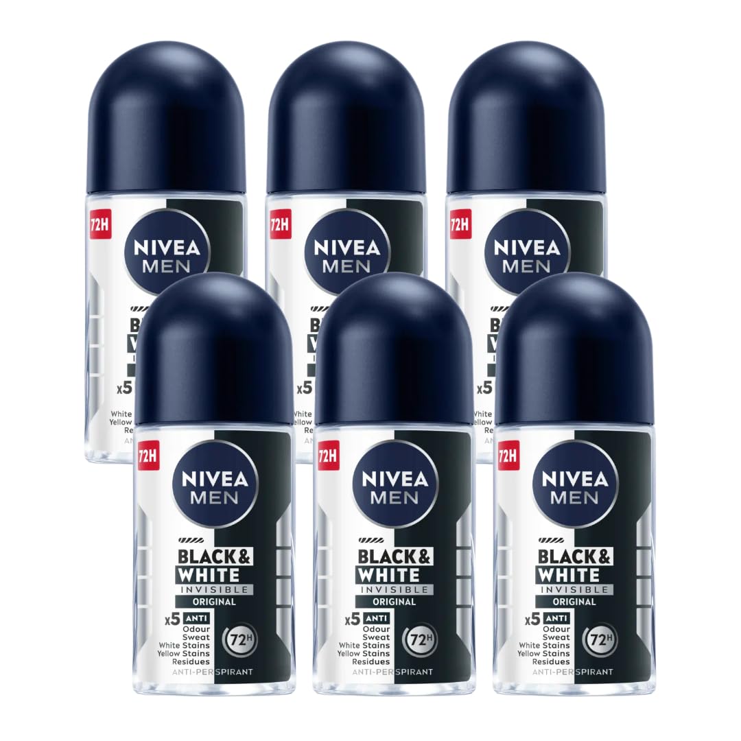 NIVEA Men Roll-On Deodorant Invisible Black & White Original, 72H Anti-Perspirant Protection, Fights Sweat & Body Odor, No White or Yellow Marks on Clothes, Long-Lasting Freshness, 25ml, Pack of 6