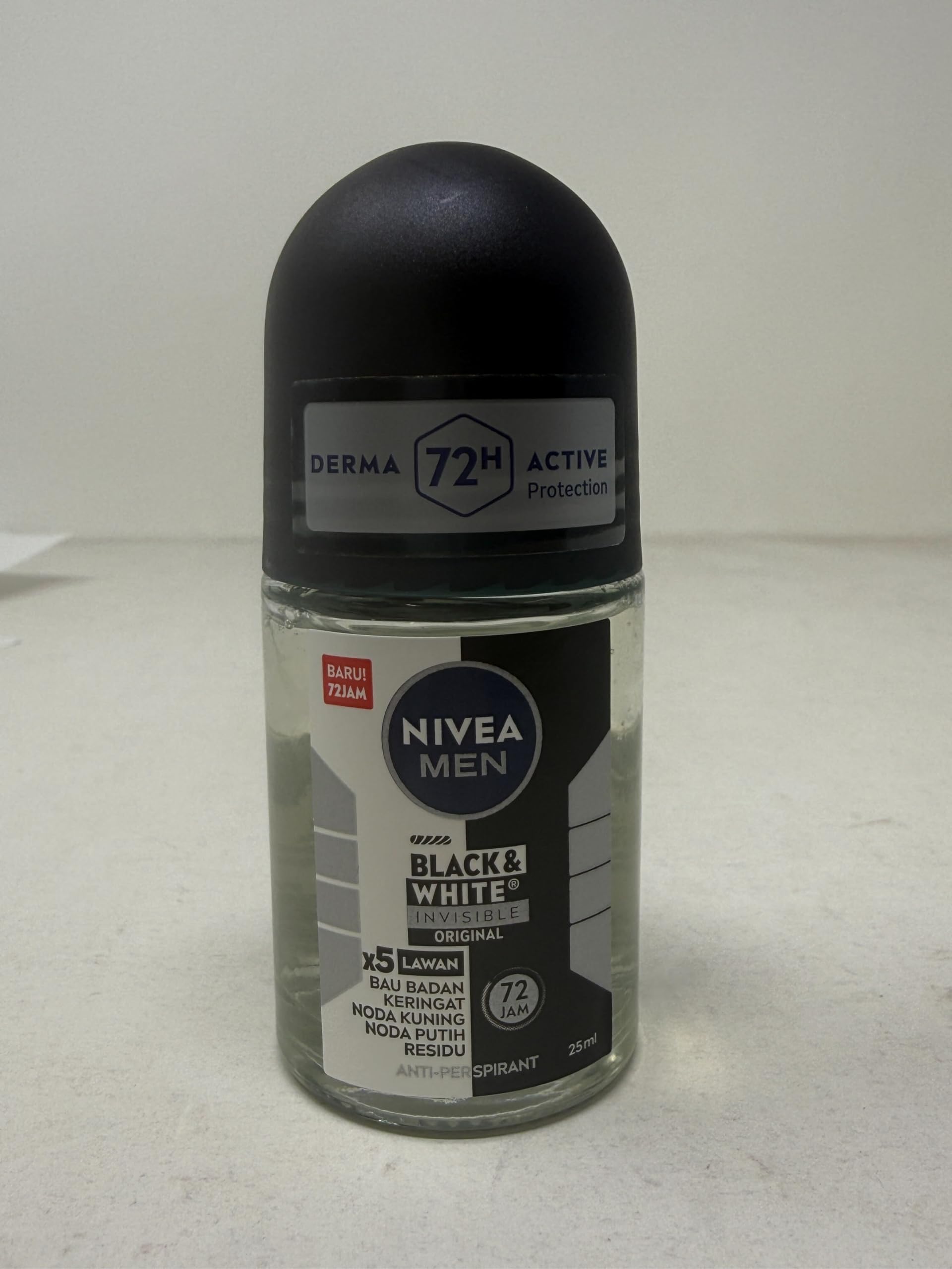 NIVEA Men Roll-On Deodorant Invisible Black & White Original, 72H Anti-Perspirant Protection, Fights Sweat & Body Odor, No White or Yellow Marks on Clothes, Long-Lasting Freshness, 25ml, Pack of 6