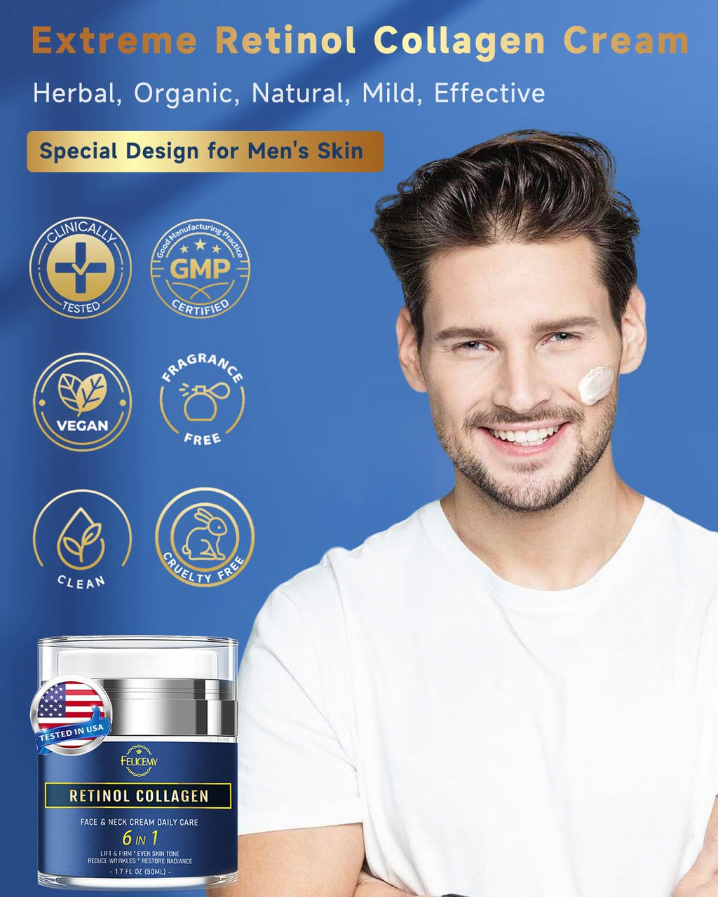 Felicemy 6-in-1 Face Cream for Men, Mens Face Moisturizer, Anti-Aging Face Cream for Men with Retinol Collagen & Hyaluronic Acid, Eye Bags & Dark Spot Remover, After Shave Lotion 1.7 Fl Oz