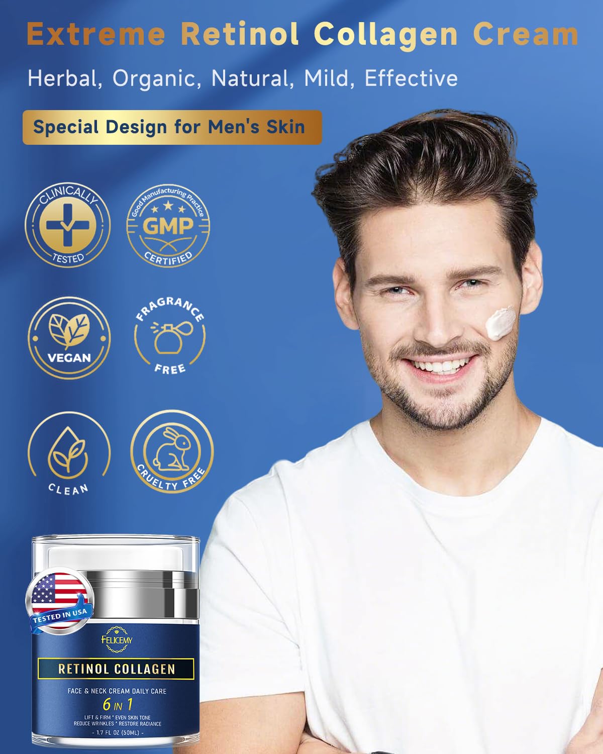 Felicemy 6-in-1 Face Cream for Men, Mens Face Moisturizer, Anti-Aging Face Cream for Men with Retinol Collagen & Hyaluronic Acid, Eye Bags & Dark Spot Remover, After Shave Lotion 1.7 Fl Oz